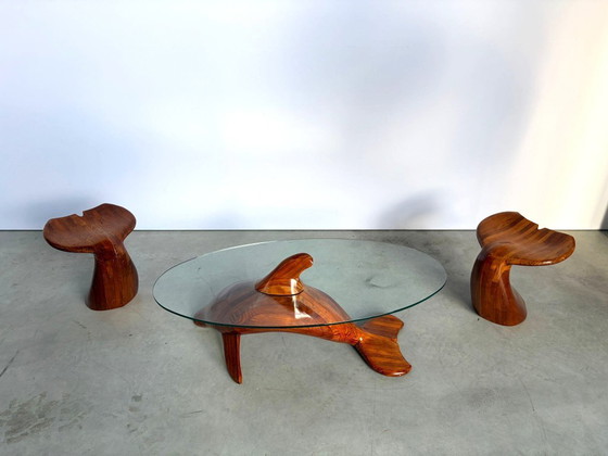 Polyte Solet Dolphin Coffee Table And Stools, 1990s – Glass, Wood (photo 6 of 16)