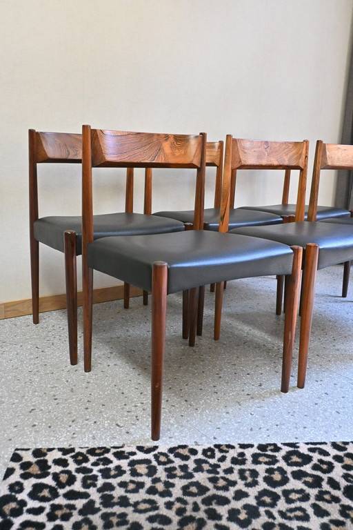 6 Stühle - Dänisches Design - Rosenholz mit schwarzer Lederpolsterung