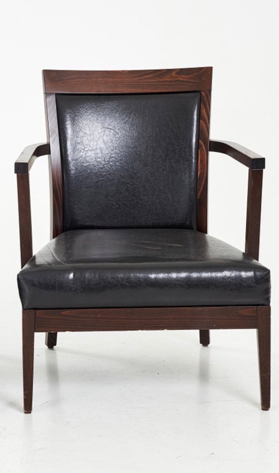 Image 1 of Pair of TON Bentwood Armchairs in dark-stained beech with black leather upholstery, produced in the Czech Republic by TON 