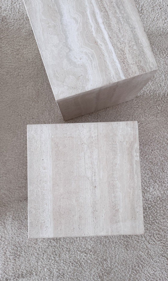 Image 1 of 2 Travertine side tables made of natural stone - Minimalist design, timelessly elegant