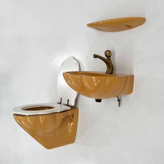Image 1 of Ensemble de salle de bain vintage en forme de coquillage moutarde, années 1970