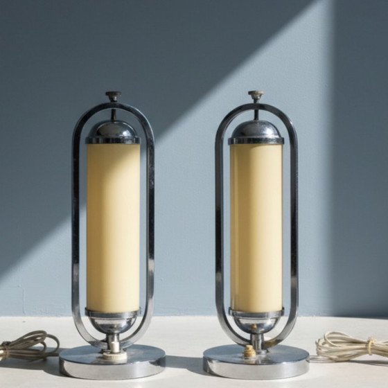 Image 1 of Pair of Bauhaus Functionalist Chrome Table Lamps, Czechoslovakia 1930s
