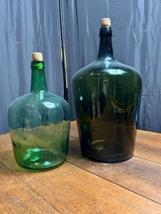Image 1 of Set of 2 Beautiful Large Vintage Dame-Jeannes / Demijohns (Green Glass)