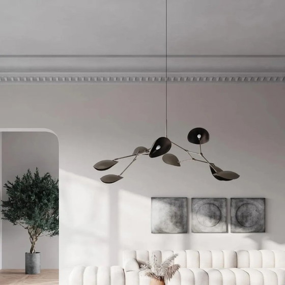 Image 1 of Stingray Brass Mid Century Modern Chandelier, Handcrafted 8 Arm Sputnik Light Fixture, Custom Curved Disk Multi Shade Large Ceil