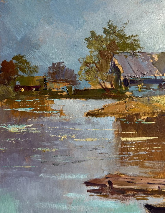 Image 1 of Origineel olieverfschilderij: Herfstlandschap van een dorp. Er is een jachthaven in het dorp.
