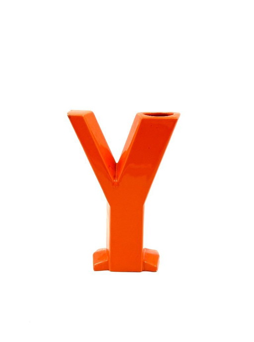 Orangefarbene Keramikvase in Form eines Y-Buchstaben, Marcel Radureau Frankreich, ca. 1970