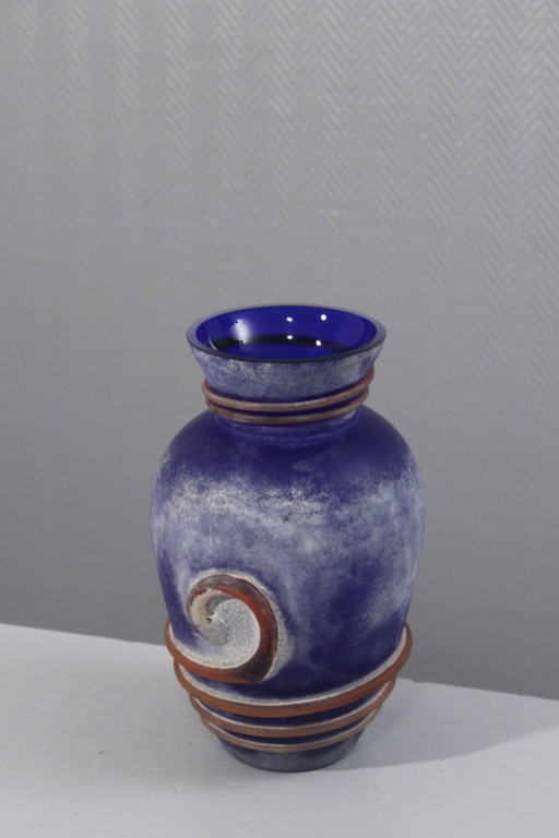 Large Vintage Vase Murano Glass Scavo Technique Post-Modern Design 1980s