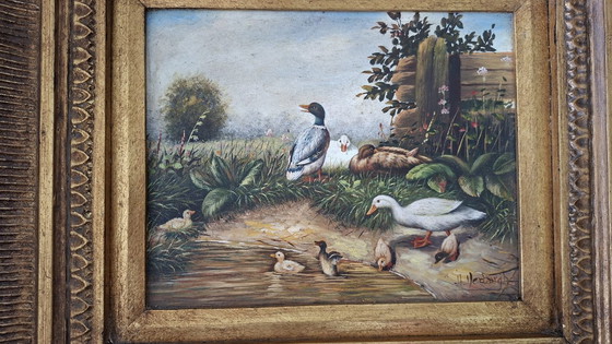 Image 1 of Topstuk: Authentieke Jan Hendrik Verburgh – "Familie Eenden" – Monumentale 19e-eeuwse Biggs & Sons Lijst