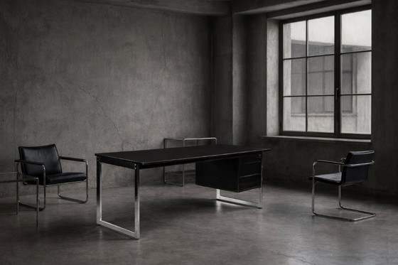 Image 1 of Vintage Mid-Century Danish Modern Minimalist Black Oak Desk with Chrome Base, 1970s