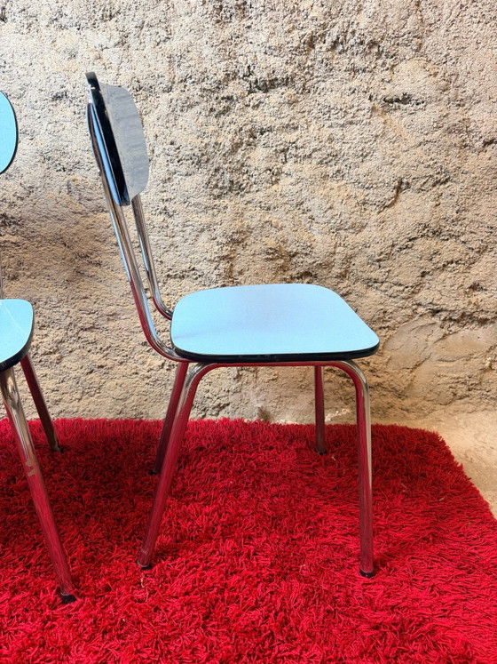 Pair of blue Formica chairs - Vintage 70s, Dining chairs, Metal, Chrome, Black (photo 9 of 15)