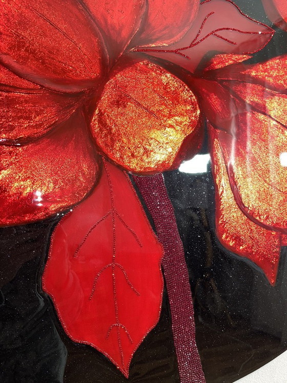 Image 1 of Grande décoration murale florale rouge – Peinture florale texturée avec feuille d'or