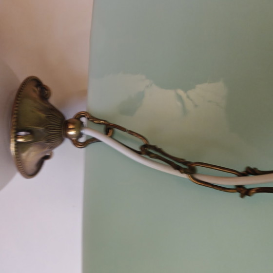 Image 1 of Vintage mintgroene hanglamp van opaalglas met dubbele glazen diffuser en messing ophanging.