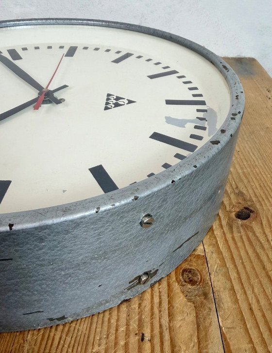 Image 1 of Industrial Grey Factory Wall Clock from Pragotron, 1960s