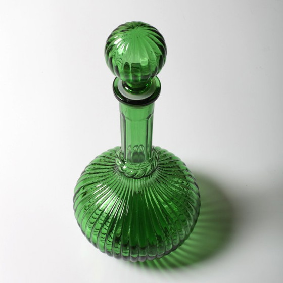 Image 1 of Vintage Emerald Green Glass Decanter / Rare Bottle with Stopper / Empoli / Italy / 1970s