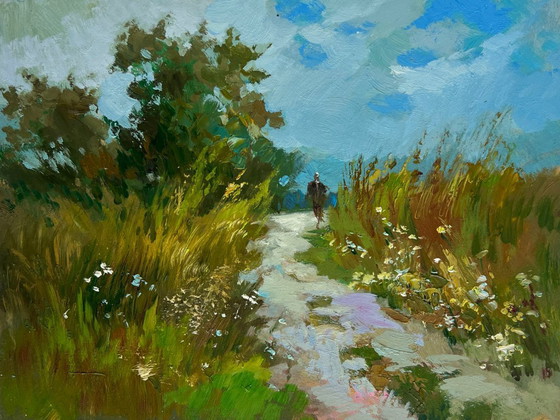 Image 1 of Original Oil Painting Summer Road Landscape A walk in the arms of nature