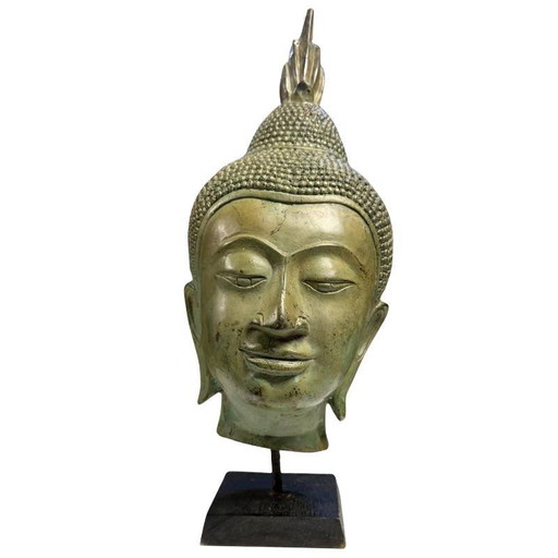 Antiek Thais Bronzen Boeddha Hoofd met Voetstuk 39 cm