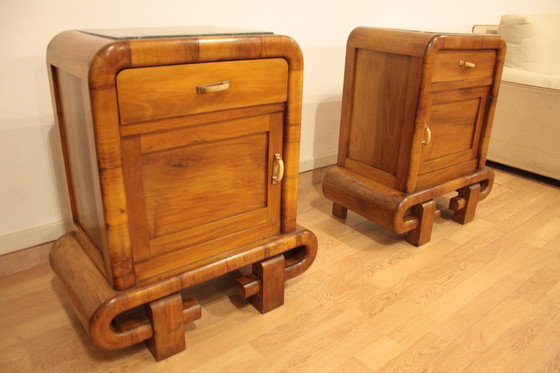 Image 1 of Pair of Art Deco Walnut Bedside Tables, 1950s Mid Century Modern, Italy