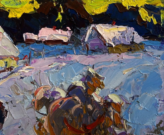 Image 1 of Original Oil Painting Winter Houses Landscape Snowy road in the village
