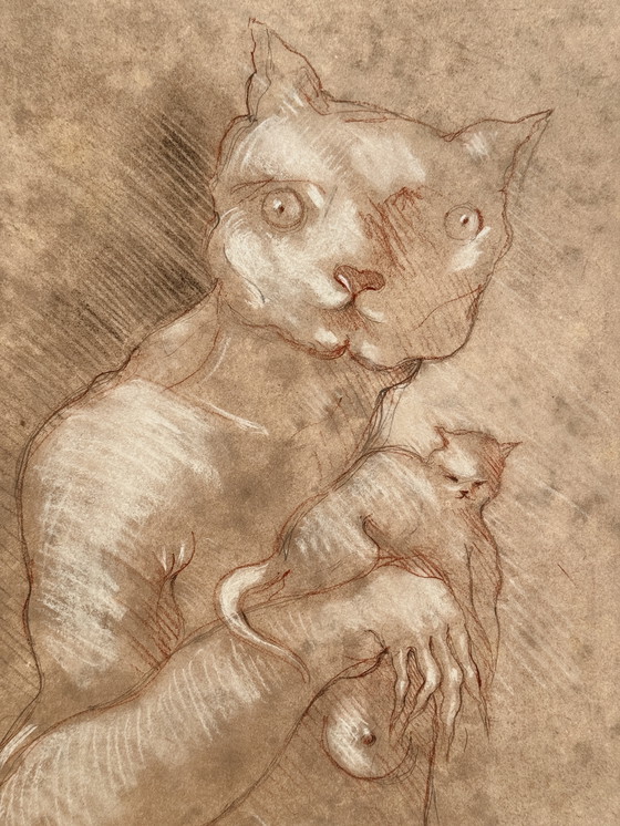 Image 1 of Robert Detheux- Wunderschönes surrealistisches Gemälde mit Katze