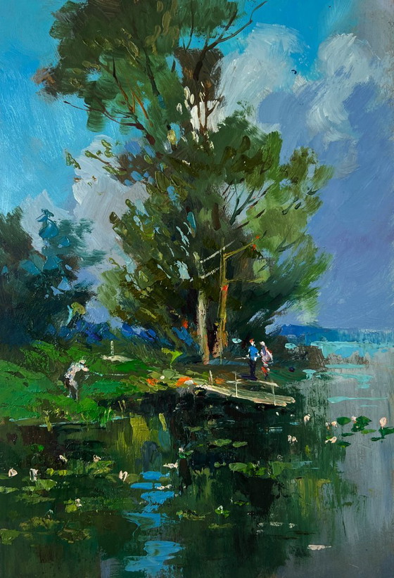 Image 1 of Original Oil Painting Summer Coastal Landscape Bridge over the river with people