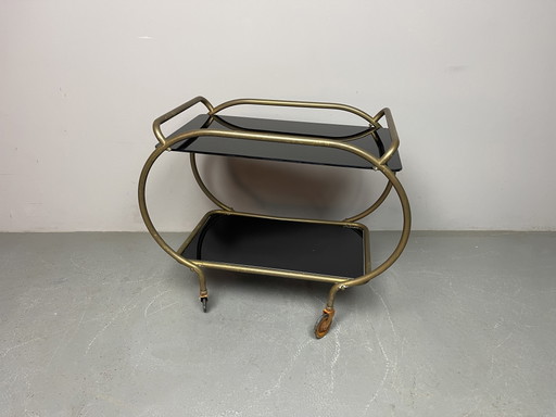 Elegante carrello bar in ottone e vetro nero di metà secolo, prodotto da Grünstadt, Germania, anni '50. (photo 2 of 15)