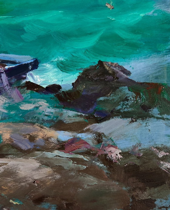 Image 1 of Original Oil Painting Coastal Waves Landscape Fishermen at sea
