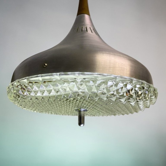 Image 1 of Scandinavian Mid Century Modern Chromed Aluminium Hanging Light with Wooden Accent, 1970s