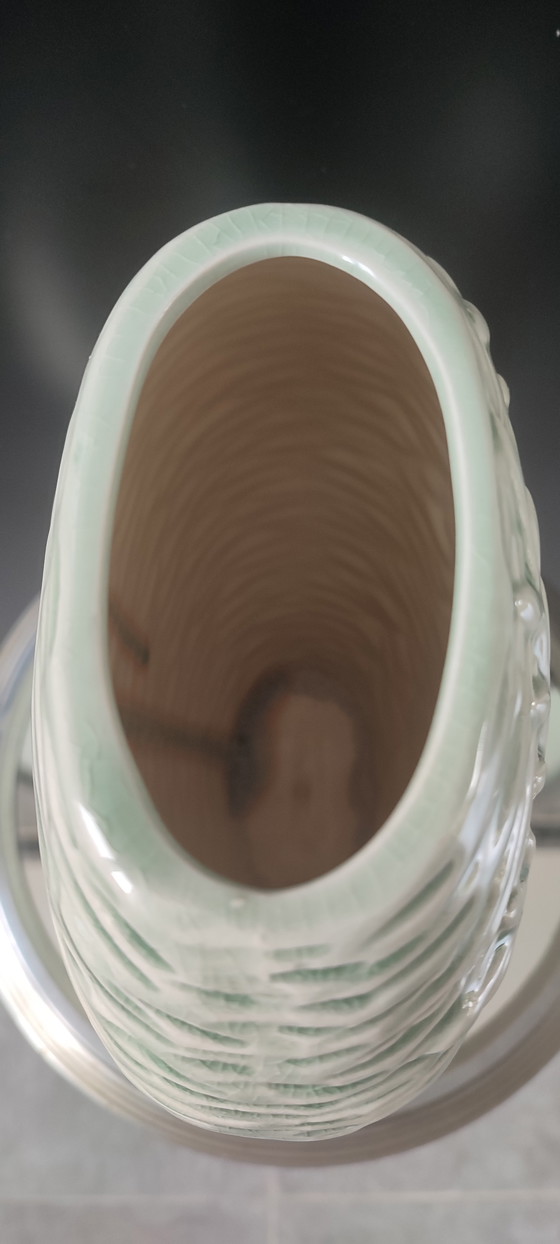 Image 1 of Crackle-glazed ceramic vase from the 1980s-90s with a plant motif

