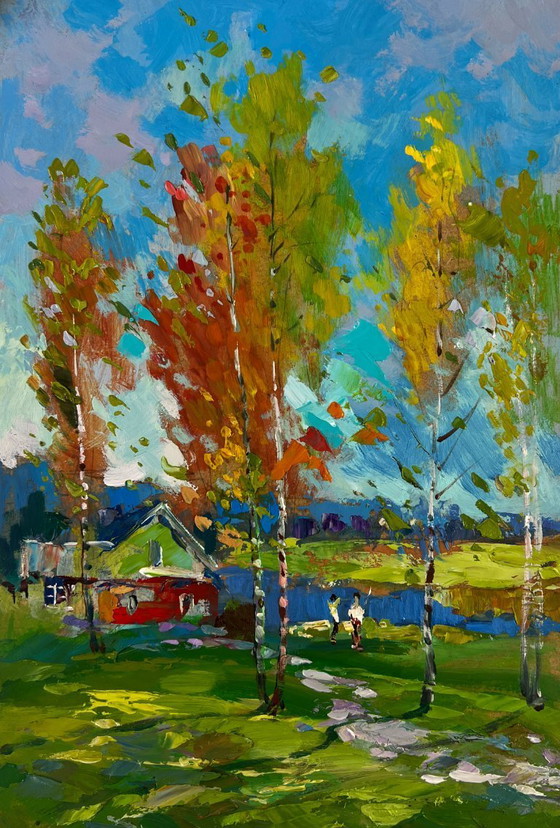 Image 1 of Original Oil Painting Autumn Village Landscape In The Silence Of The Birch Grove