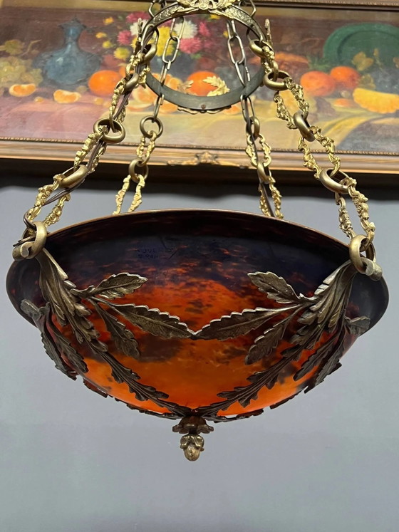Prächtiger Art-Deco-Kronleuchter mit der Signatur „Noverdy France“. – Pendelleuchten, Bronze, Glass, Art Deco (photo 5 of 10)