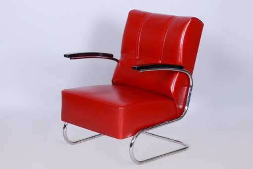 Fauteuil Bauhaus restauré, par Vichr a Spol., chrome, cuir, Allemagne, années 1930 – Leather, Metal