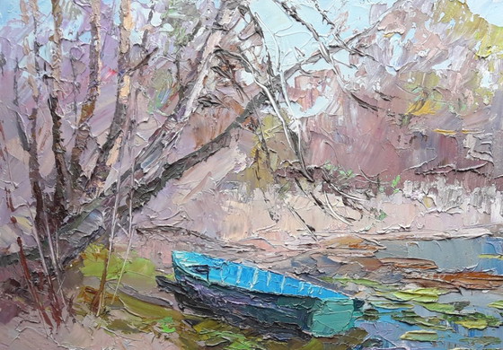 Original Oil Painting Nature Landscape Forest River Blue Boat – Paintings & Drawings, Canvas (photo 7 of 8)
