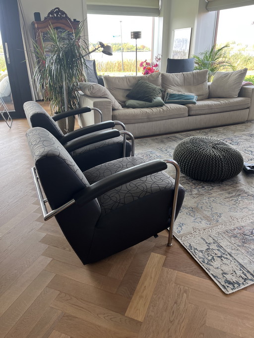 Sillones Leolux, Conjunto de 2 sillas de diseño en tela, piel y Cromo