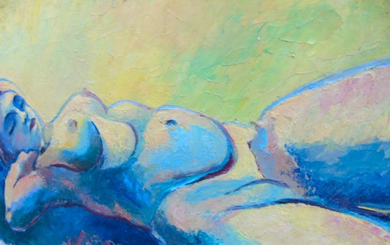 Image 1 of Origineel vintage olieverfschilderij "Nu Couché" Expressionistische liggende naaktfiguur op paneel