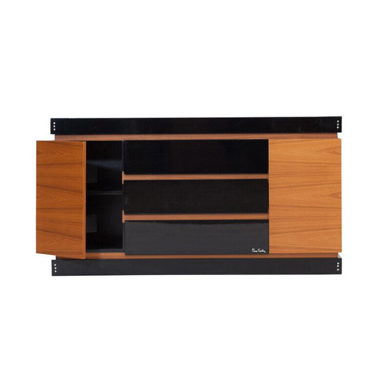 Image 1 of Black lacquered wood and teak vintage storage cabinet by Pierre Cardin, 1970