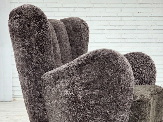 1960s, Danish design, reupholstered armchair, genuine sheepskin., Other, Brown (photo 4 of 20)