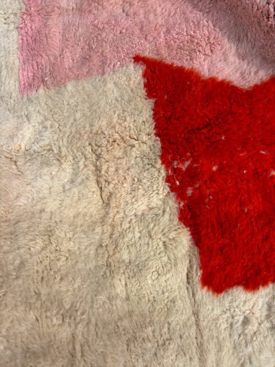 Image 1 of Red Pink Yellow Moroccan Rug | Abstract Beni Ourain Carpet | Handmade Berber Wool Decor | Plush Contemporary Area Rug