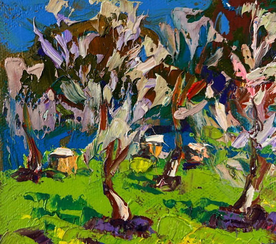 Image 1 of Original Oil Painting Day Village Landscape Spring awakens in light