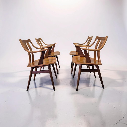 4 chaises en contreplaqué style milieu du siècle, Pays-Bas, années 1960