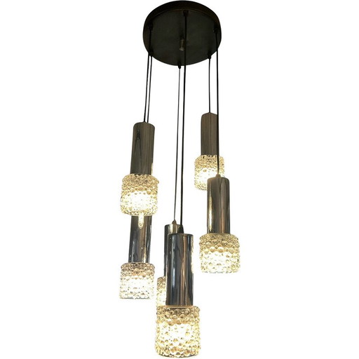 Vintage 6-lichts kroonluchter van glas en metaal, 1970