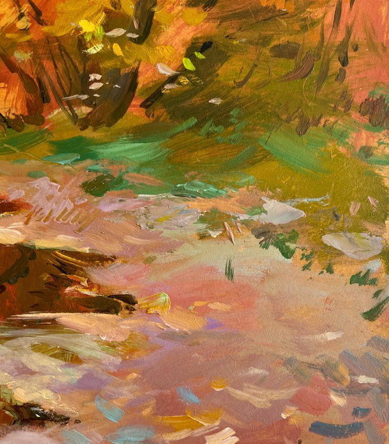 Image 1 of Original Oil Painting Autumn Coastal Landscape The whisper of autumn leaves over the river