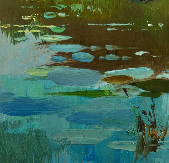 Image 1 of Original Oil Painting Summer River Landscape River flows through rocky cliffs