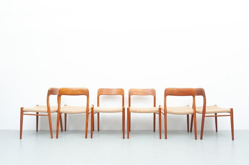 6x dining chairs model 75 made of teak by Niels Otto Møller for J. L. Møller Møbelfabrik (1950s)