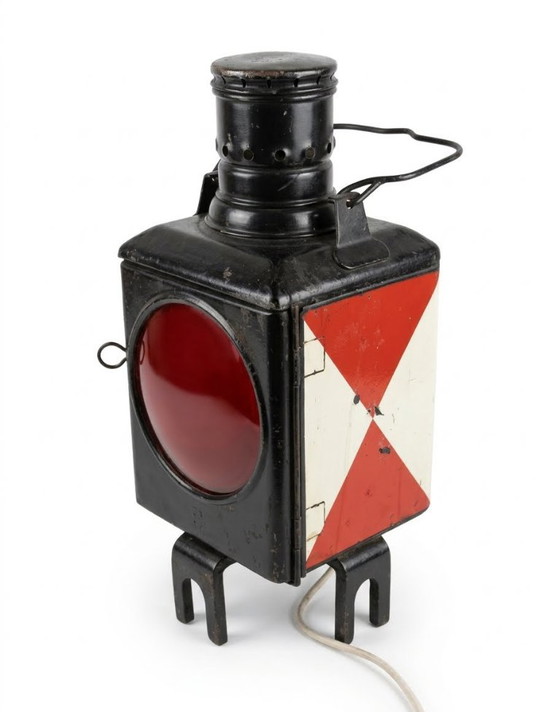 Spoorwegsignaallamp, zwart met rood glas, Tafellampen, Metaal, Vintage (foto 3 van 5)