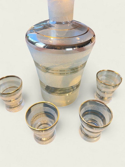 Set di bicchieri da liquore vintage con caraffa | Anni '60 | Stile Art Déco | Vetro satinato e finiture dorate