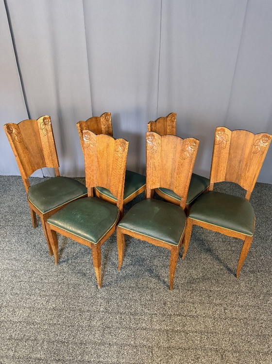 6 Art Deco stoelen - eikenhout - gerestaureerd - groen leer – Eetkamerstoelen, Wood (photo 5 of 5)