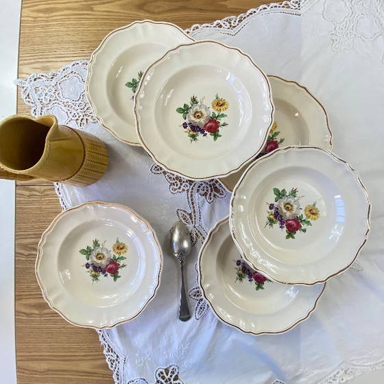 Image 1 of Set of 6 antique Badonviller earthenware soup plates with flowers and gilding