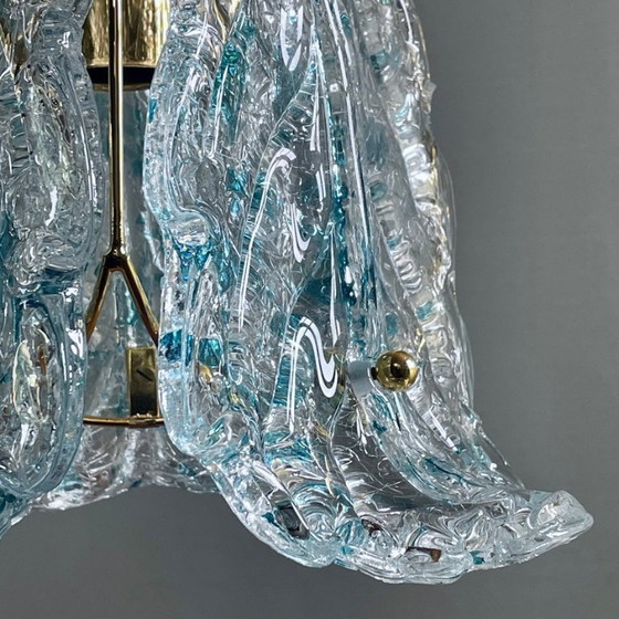 Image 1 of 1990s Murano glass pendant light three leaves with blue glass shards. New old stock. Never used.