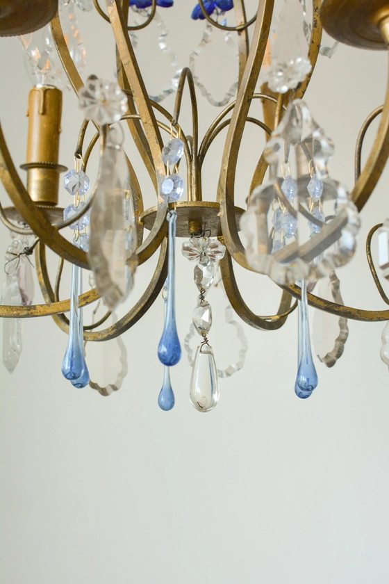 Vintage French Gilt Bronze Cage Chandelier, Blue Murano Glass, 6-Light, 1960s – Crystal (photo 3 of 5)