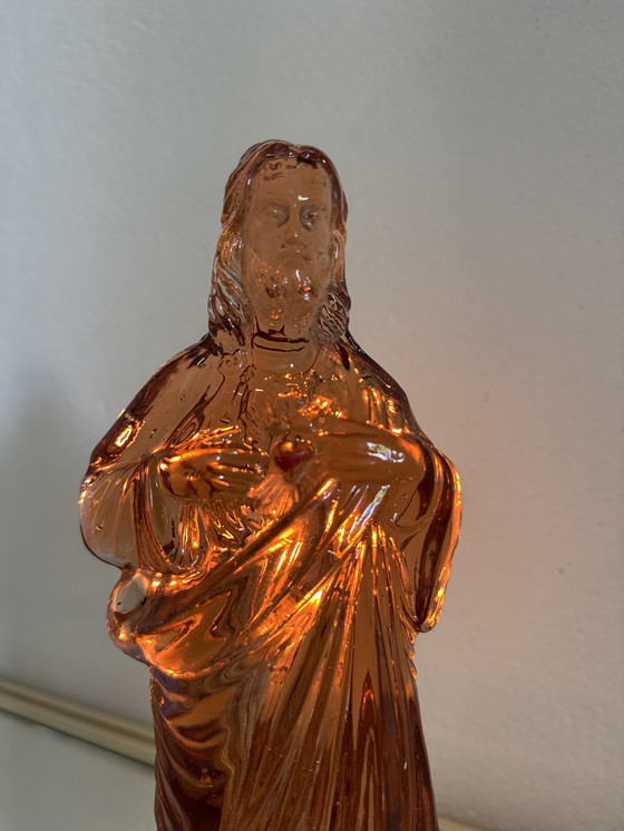 Image 1 of Großer Christus aus rosafarbenem Glas 40er Jahre